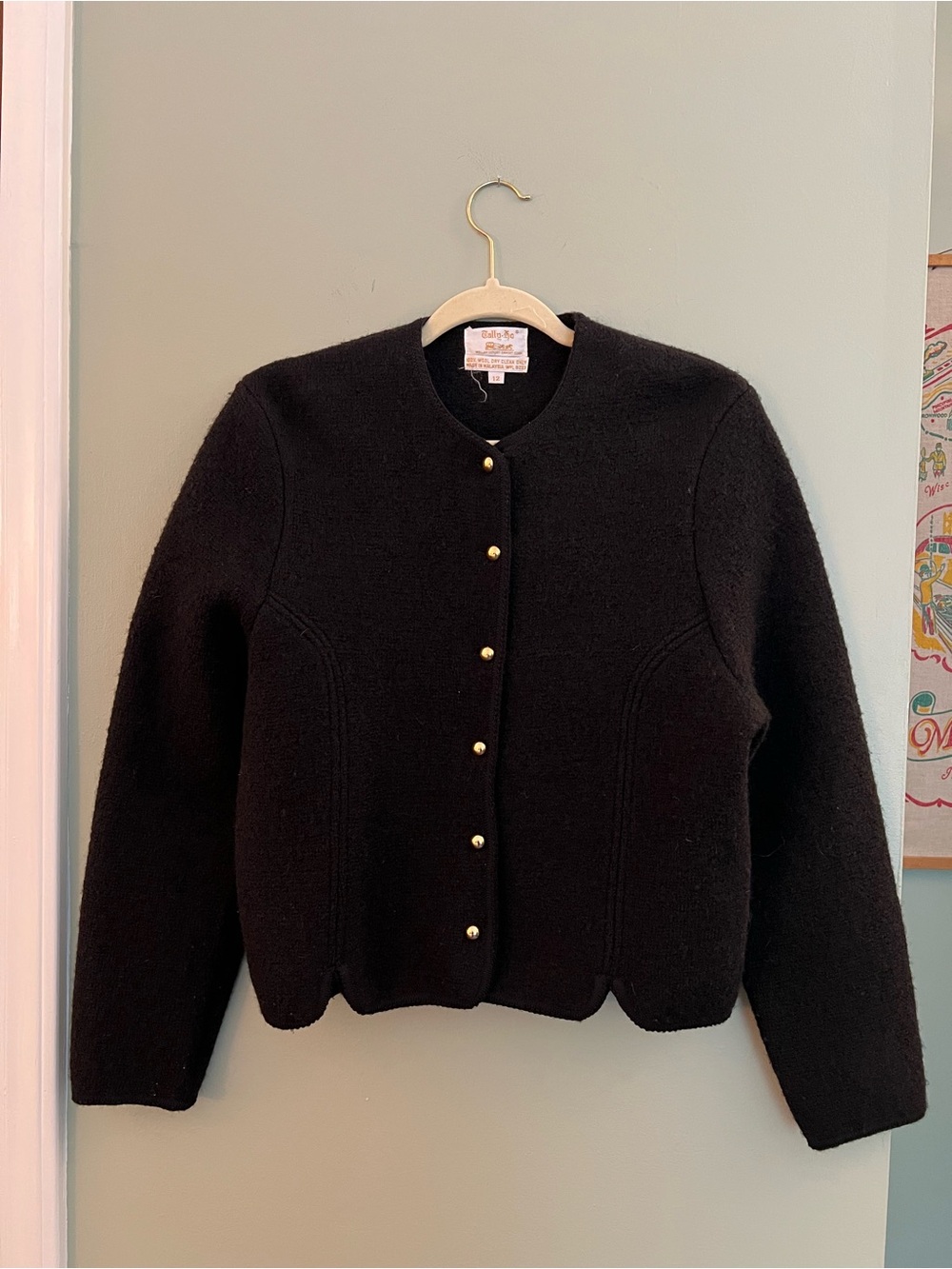 Vintage 1990s Tally Ho Black Cardigan Jacket with Gold Buttons and Scalloped Hem